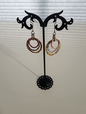 Tri-Color Interlocked Hoop Drop Earrings - Gold, Rose, Silver Tone